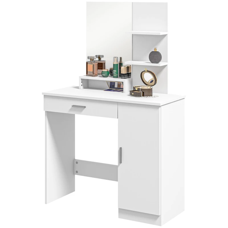 HOMCOM Vanity Desk with Mirror, Makeup Vanity w/ Drawer, Open Compartment and Shelves, Cabinet, Adjustable Shelves for Bedroom
