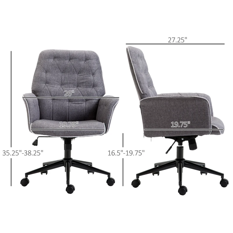 HOMCOM Linen Computer Desk Chair Tufted Height Adjustable Home Office Chair with Swivel Wheels and Padded Armrests Dark Gray
