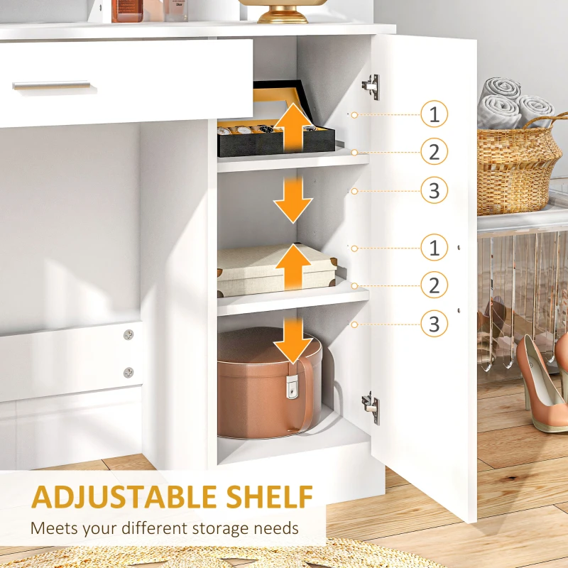 HOMCOM Vanity Desk with Mirror, Makeup Vanity w/ Drawer, Open Compartment and Shelves, Cabinet, Adjustable Shelves for Bedroom