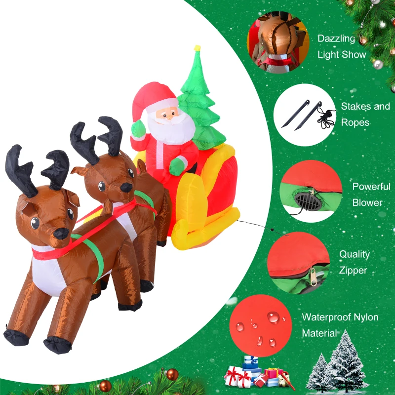 HOMCOM 7' Inflatable Christmas Santa in Sleigh Reindeer LED Lighted Decoration
