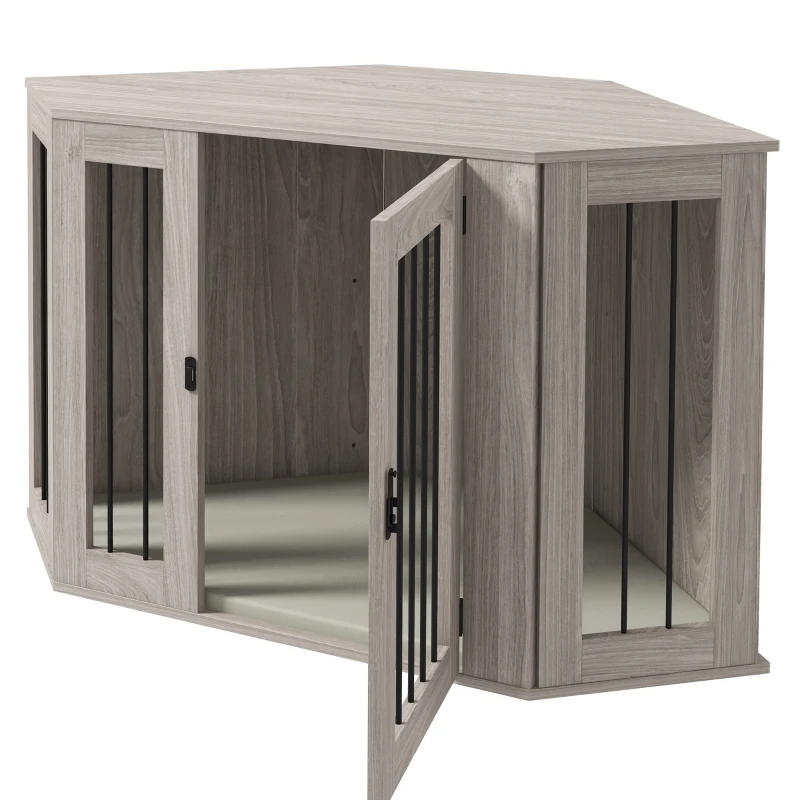 PawHut Corner Dog Crate, Furniture Dog Cages with Cushion for Large-Sized Dog, Indoor Use, Walnut Brown