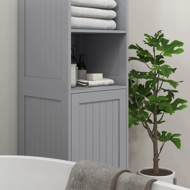 kleankin Tall Bathroom Storage Cabinet, Freestanding Tower Cabinet with Adjustable Shelf, 3 Open Shelves, Grey
