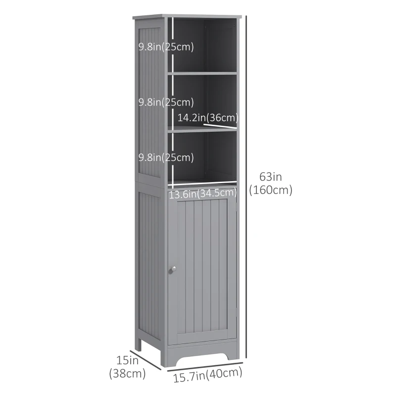 kleankin Tall Bathroom Storage Cabinet, Freestanding Tower Cabinet with Adjustable Shelf, 3 Open Shelves, Grey