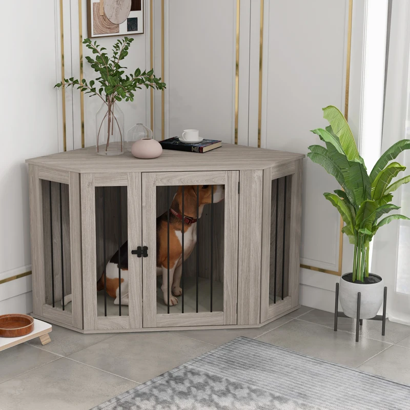 PawHut Corner Dog Crate, Furniture Dog Cages with Cushion for Large-Sized Dog, Indoor Use, Walnut Brown