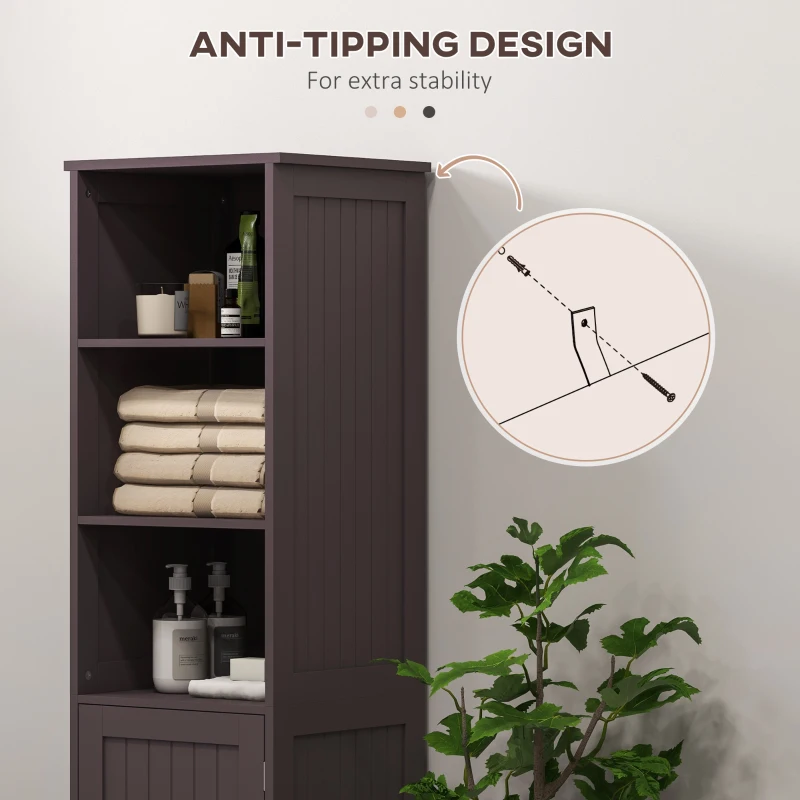 kleankin Tall Bathroom Storage Cabinet, Freestanding Tower Cabinet with Adjustable Shelf, 3 Open Shelves, Dark Brown