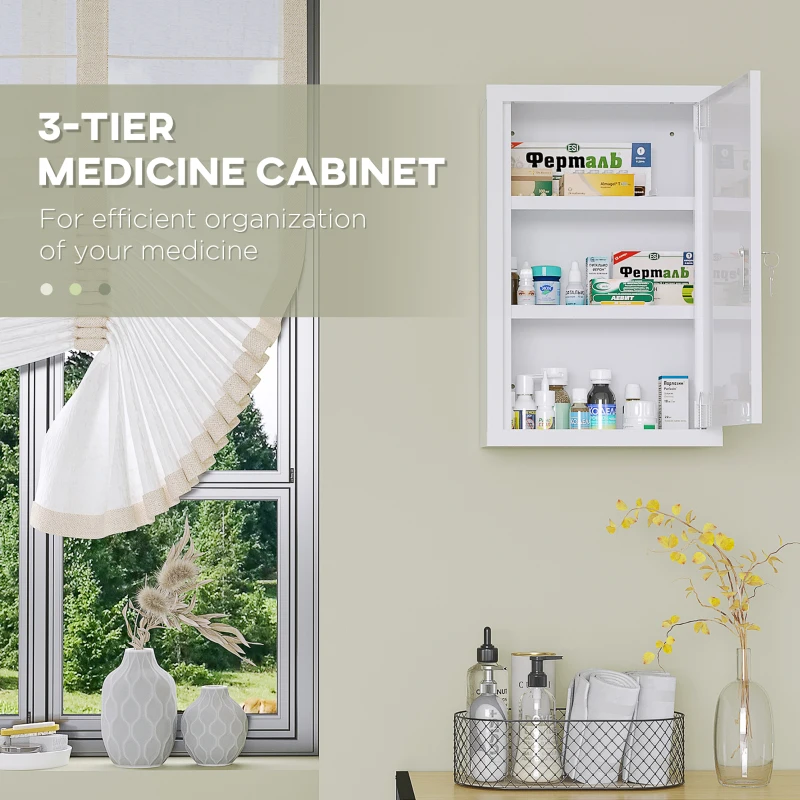 kleankin Lockable Medicine Cabinet, 3 Tier Steel Medical Wall Box with 2 Keys and Shelves for Bathroom, White