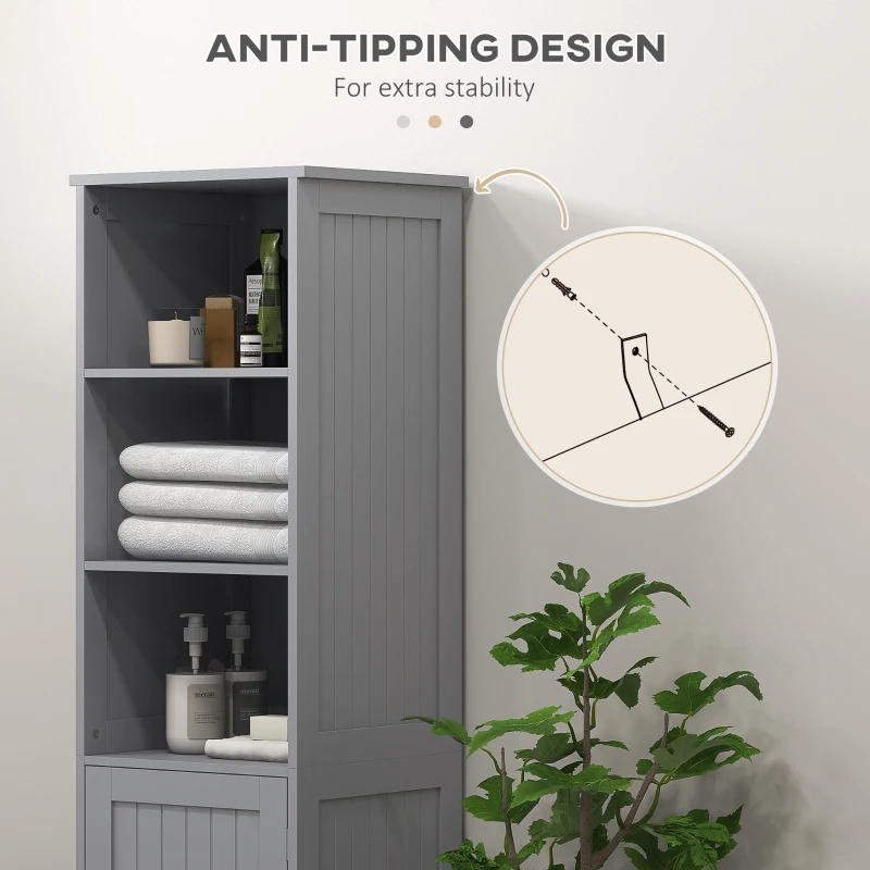 kleankin Tall Bathroom Storage Cabinet, Freestanding Tower Cabinet with Adjustable Shelf, 3 Open Shelves, Grey
