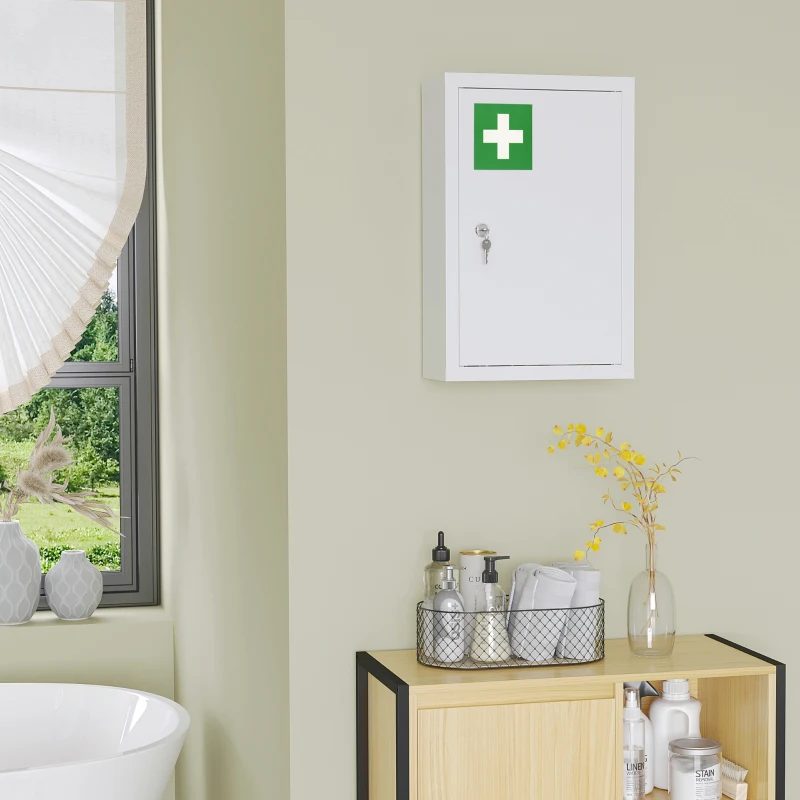 kleankin Lockable Medicine Cabinet, 3 Tier Steel Medical Wall Box with 2 Keys and Shelves for Bathroom, White