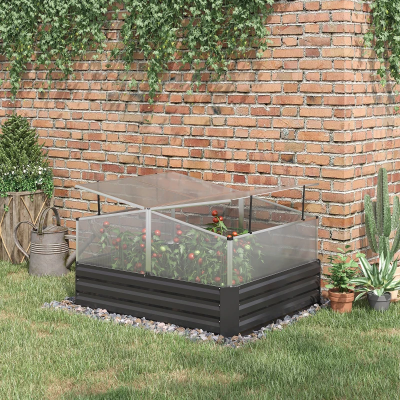 Outsunny Galvanized Raised Garden Bed with Greenhouse, Flowers, Vegetables for Patio, 49.6" x 42.1" x 26.6", Dark Gray