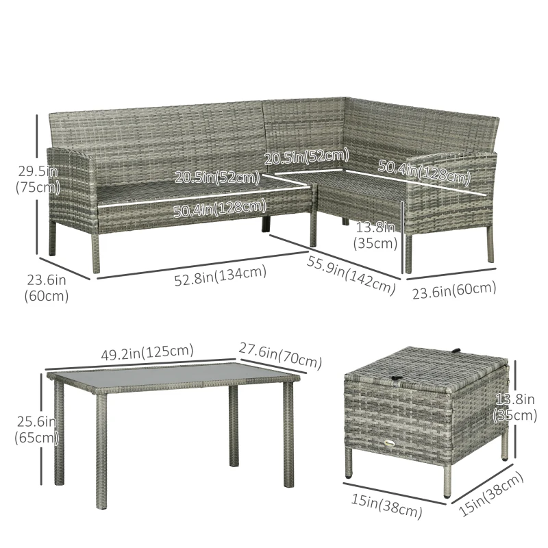 Outsunny 5 Pieces Wicker Patio Conversation Dining Furniture Set with Cushions, Table and Ottomans, Navy Blue