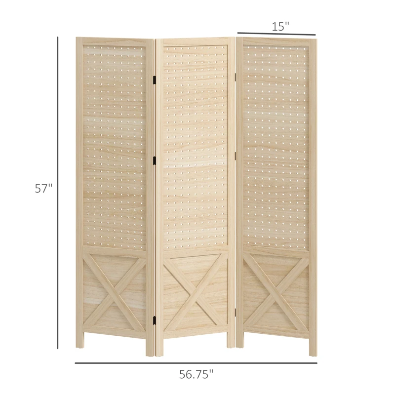 HOMCOM 4.7' 3 Panel Wooden Room Divider with Pegboard Display, Folding Privacy Screen for Home Office, Natural
