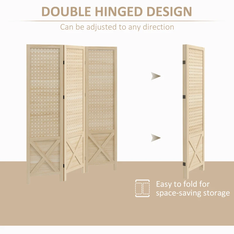 HOMCOM 4.7' 3 Panel Wooden Room Divider with Pegboard Display, Folding Privacy Screen for Home Office, Natural