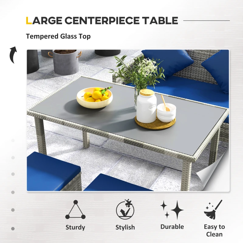 Outsunny 5 Pieces Wicker Patio Conversation Dining Furniture Set with Cushions, Table and Ottomans, Navy Blue