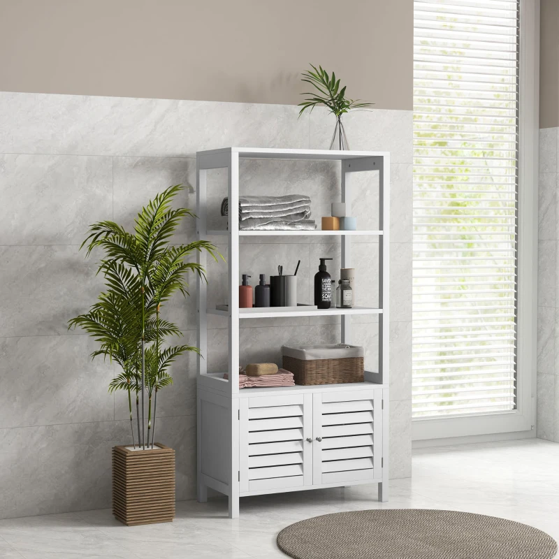 kleankin Modern Bathroom Storage Cabinet, Linen Cabinet with Slatted Doors and 3 Open Shelves, 23.6" x 11.8" x 48", White