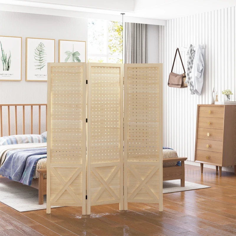 HOMCOM 4.7' 3 Panel Wooden Room Divider with Pegboard Display, Folding Privacy Screen for Home Office, Natural
