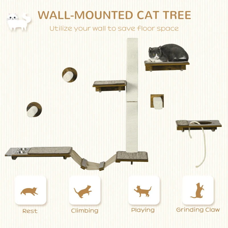 PawHut 8 Piece Cat Wall Shelves for Climbing, Sleeping, Playing, Brown