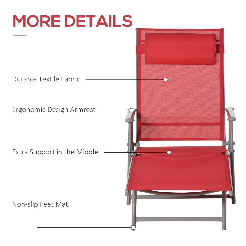 Outsunny Outdoor Folding Chaise Lounge Chair Steel Portable Recliner with 7 Adjustable Backrest Positions, Red