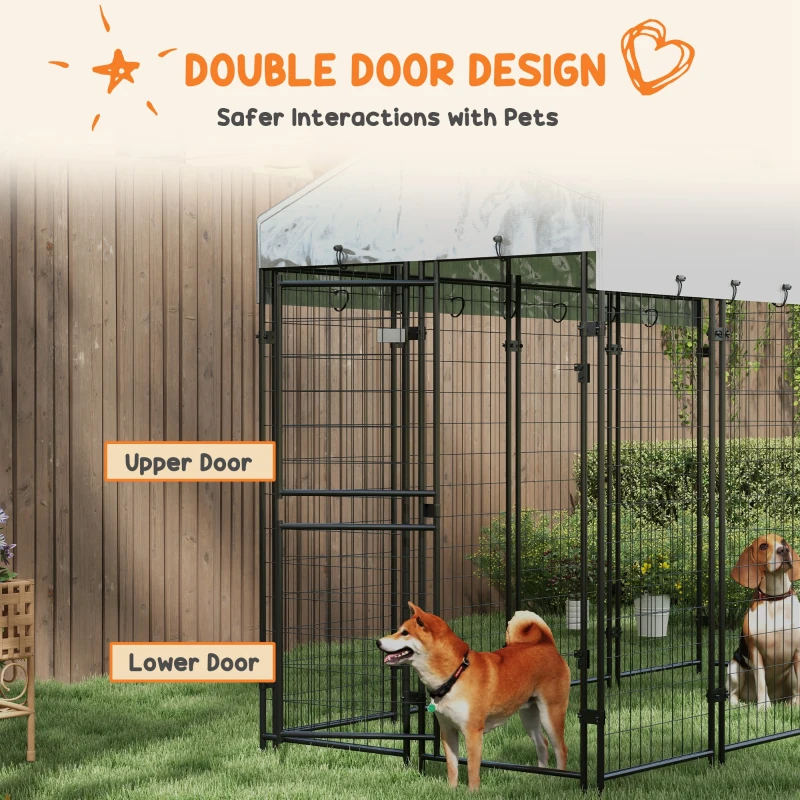 PawHut 7.8' x 6' Outdoor Dog Kennel with Waterproof Cover, Extra Large Dog Playpen, Durable with Two Part Door Design, Silver, for Large Dogs & Pets