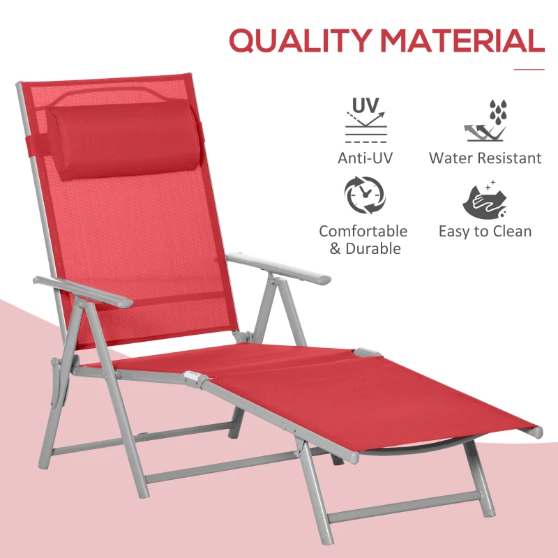 Outsunny Outdoor Folding Chaise Lounge Chair Steel Portable Recliner with 7 Adjustable Backrest Positions, Red