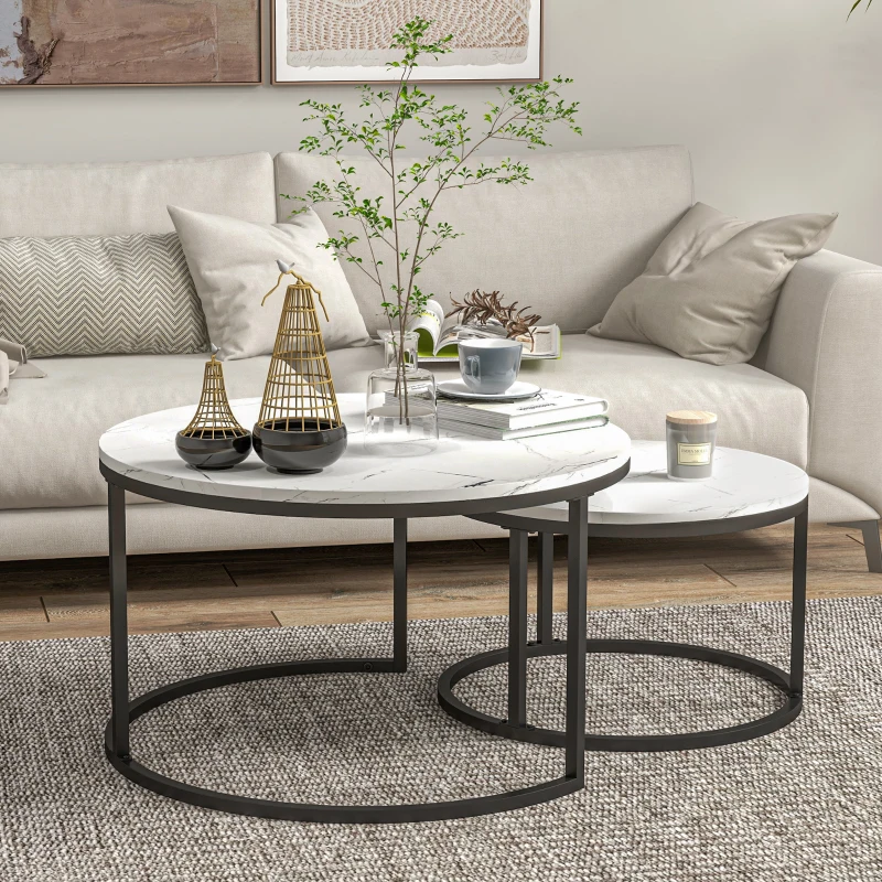 HOMCOM Modern Coffee Table Set of 2, Nesting Side Tables w/ Metal Base ...