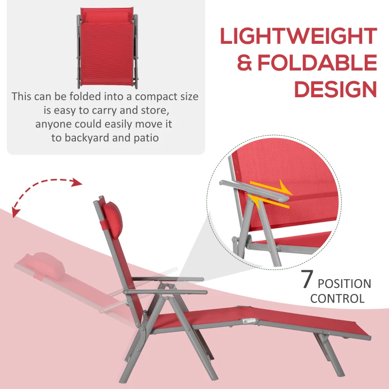Outsunny Outdoor Folding Chaise Lounge Chair Steel Portable Recliner with 7 Adjustable Backrest Positions, Red