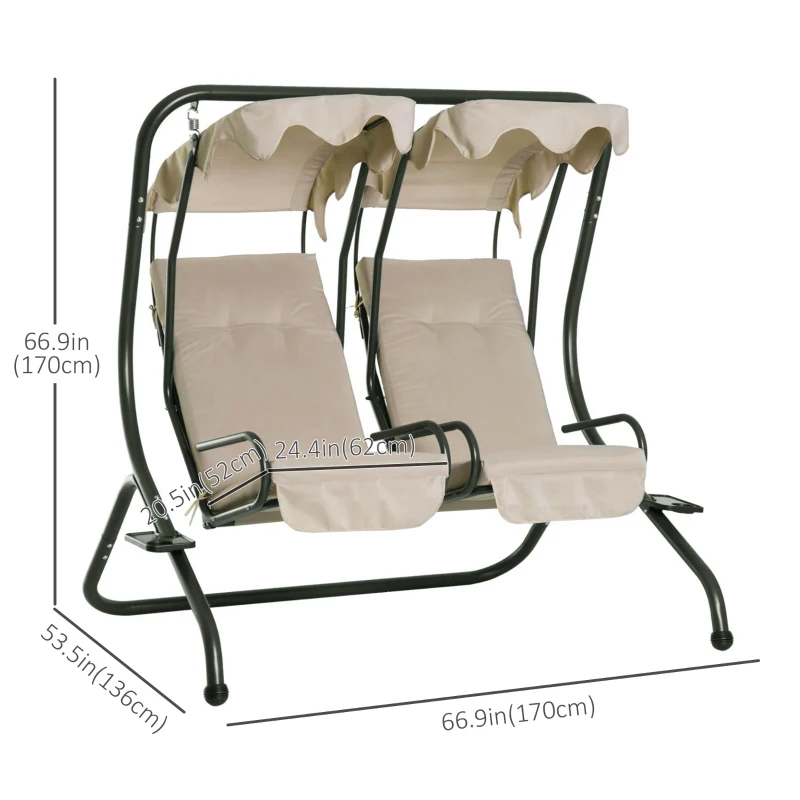 Outsunny 2 Seat Modern Outdoor Swing Chairs With Handrails and Removable Canopy - Beige