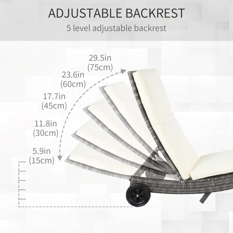 Outsunny Outdoor Adjustable Wicker Chaise Lounge Chair with Cushion & Wheels for Patio, Deck, Poolside, Cream White