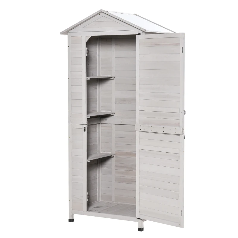 Outsunny Outdoor Wooden Garden Shed, 4 Tiers Tool Shed Kit with 3 Shelves for Garden and Patio, 36"x25"x79", Light Grey
