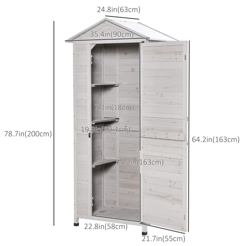 Outsunny Outdoor Wooden Garden Shed, 4 Tiers Tool Shed Kit with 3 Shelves for Garden and Patio, 36"x25"x79", Light Grey