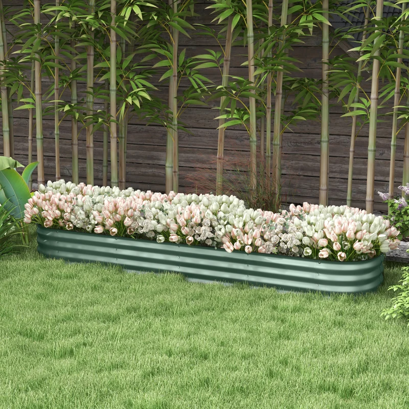 Outsunny 8x2 Galvanized Raised Garden Bed Kit, Green Metal Elevated Planter Box for Flowers, Herbs & Vegetables, with Safety Edging