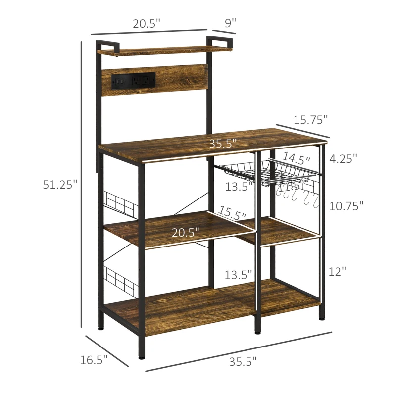 HOMCOM Kitchen Bakers Rack with Charge Station, Industrial Microwave Stand with Adjustable Shelf, 5 Hooks, Wire Basket