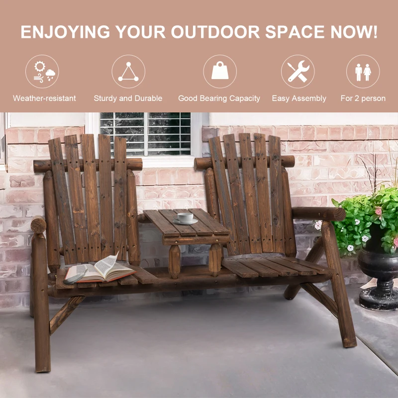 Outsunny Wood Adirondack Patio Chair Bench with Center Coffee Table, for Lounging and Relaxing Outdoors Carbonized