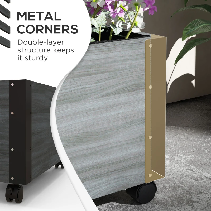 Outsunny Wooden Raised Garden Bed, Planter Box w/ Trellis and Metal Corners, Portable on Wheels for Patio, Backyard, Deck, Gray