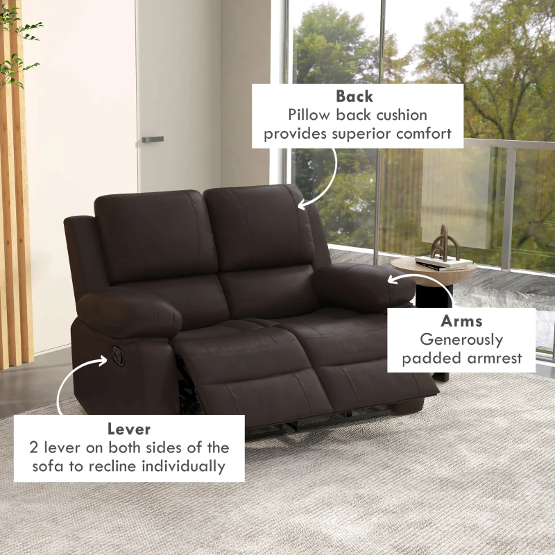 HOMCOM PU Leather Manual Recliner Sofa, Double Reclining Loveseat with Pullback Control Footrest for Living Room, Brown