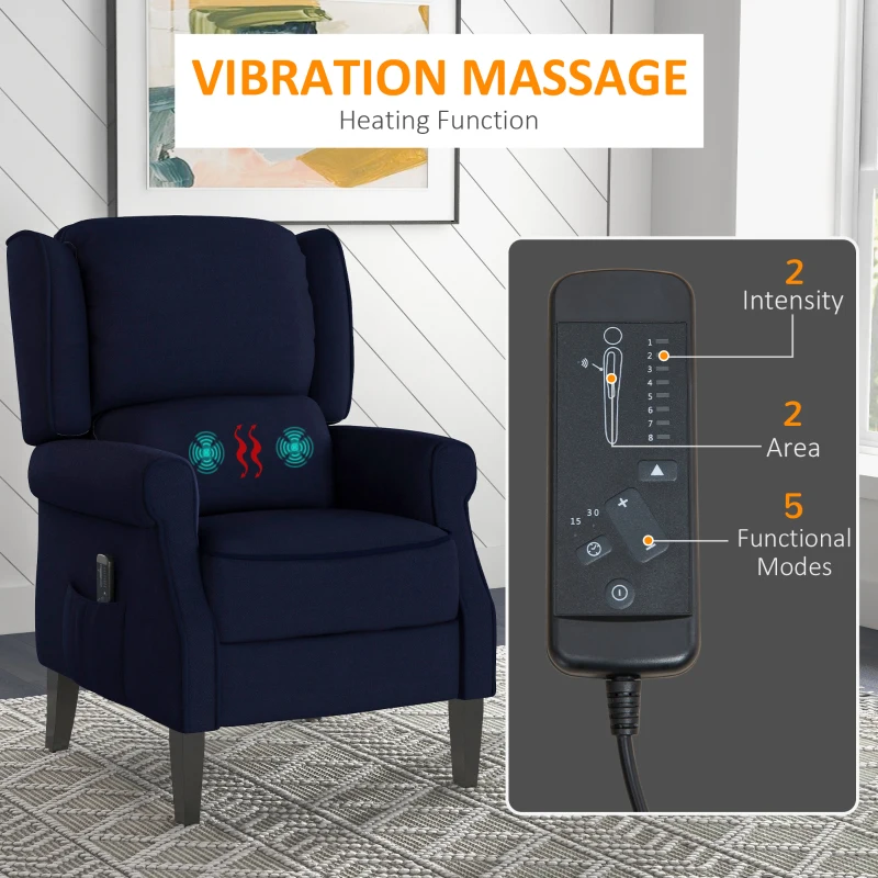 HOMCOM Push Back Recliner Chair, Vibration Massage Recliner for Living Room with Extendable Footrest, Remote, Pocket, Blue