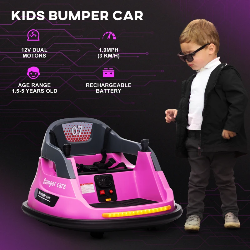Aosom Bumper Car 12V 360° Rotation Electric Car for Kids, with Remote, Safety Belt, Lights, Music, for 1.5-5 Years Old, Pink