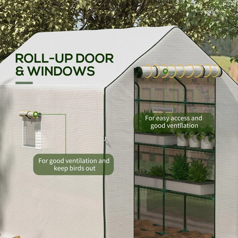 Outsunny 4.6' x 4.7' Portable Greenhouse, Water/UV Resistant Walk-In Small Outdoor Green House with 2 Tier U-Shaped Flower Rack Shelves, Roll Up Door & Windows, White