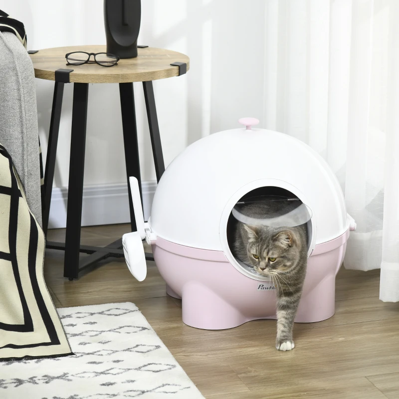 PawHut Hooded Cat Litter Box, Large Kitty Litter Pan with Lid, Scoop, Leaking Sand Pedal, Top Handle, Light Pink