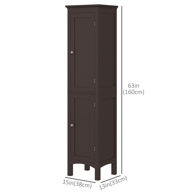 kleankin Tall Bathroom Cabinet, Freestanding Storage Organizer with Adjustable Shelves and Cupboards, 15" x 13" x 63", Dark Brown