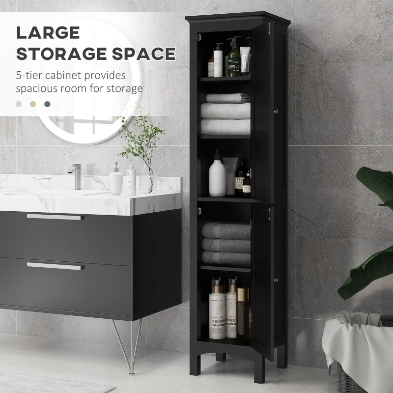 kleankin Tall Bathroom Cabinet, Freestanding Storage Organizer with Adjustable Shelves and Cupboards, 15" x 13" x 63", Black