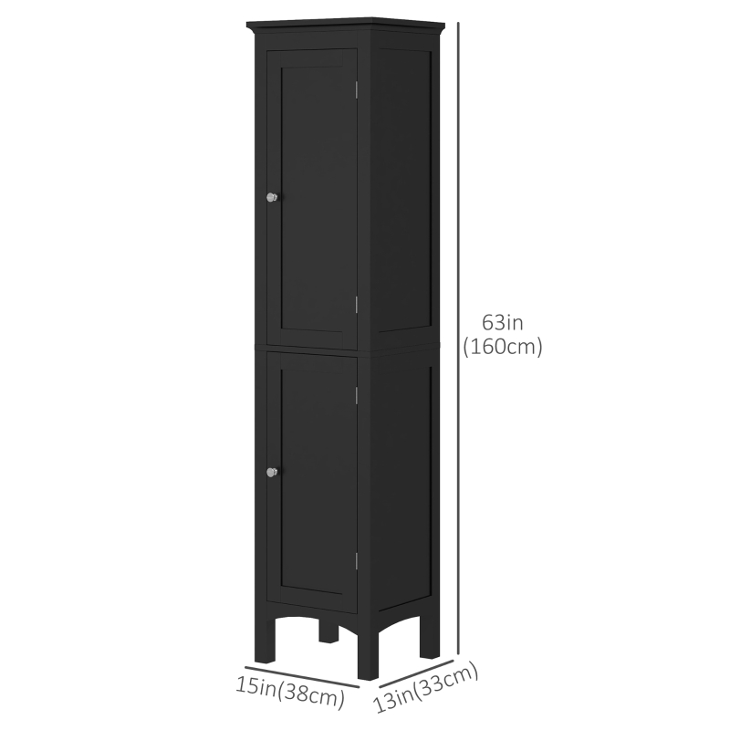 kleankin Tall Bathroom Cabinet, Freestanding Storage Organizer with Adjustable Shelves and Cupboards, 15" x 13" x 63", Black