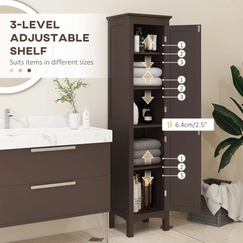 kleankin Tall Bathroom Cabinet, Freestanding Storage Organizer with Adjustable Shelves and Cupboards, 15" x 13" x 63", Dark Brown