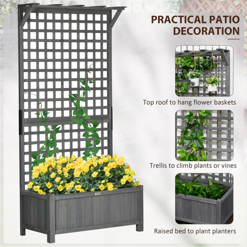 Outsunny Wood Planter with Trellis for Vine Climbing, Raised Garden Bed, Privacy Screen for Backyard, Patio, Dark Gray