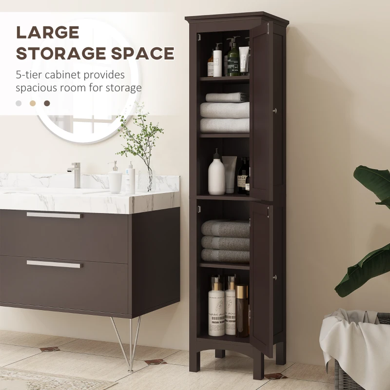 kleankin Tall Bathroom Cabinet, Freestanding Storage Organizer with Adjustable Shelves and Cupboards, 15" x 13" x 63", Dark Brown