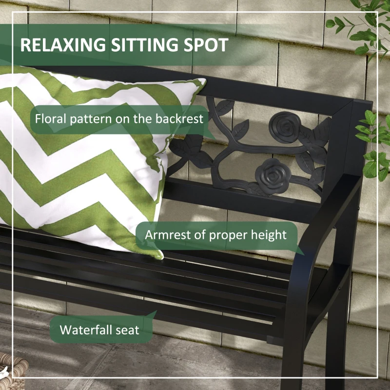 Outsunny 50" Outdoor Bench, Metal Frame Patio Loveseat with Floral Pattern Backrest, Cured Armrest, for Conservatory, Garden, Poolside, Deck, Black
