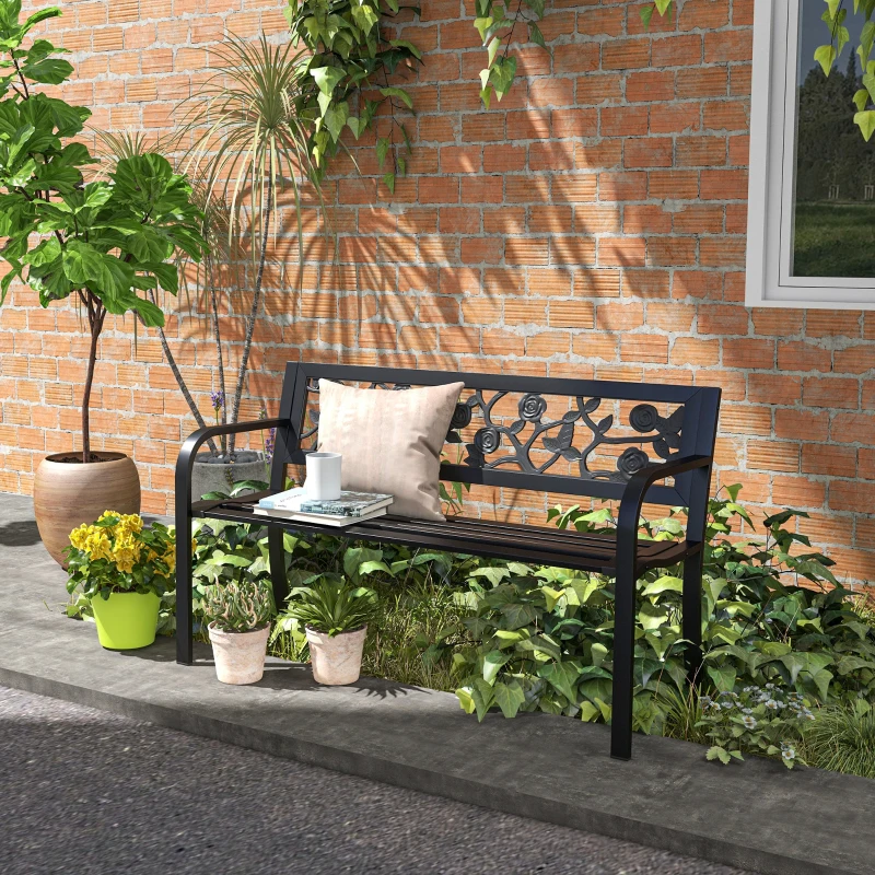 Outsunny 50" Outdoor Bench, Metal Frame Patio Loveseat with Floral Pattern Backrest, Cured Armrest, for Conservatory, Garden, Poolside, Deck, Black
