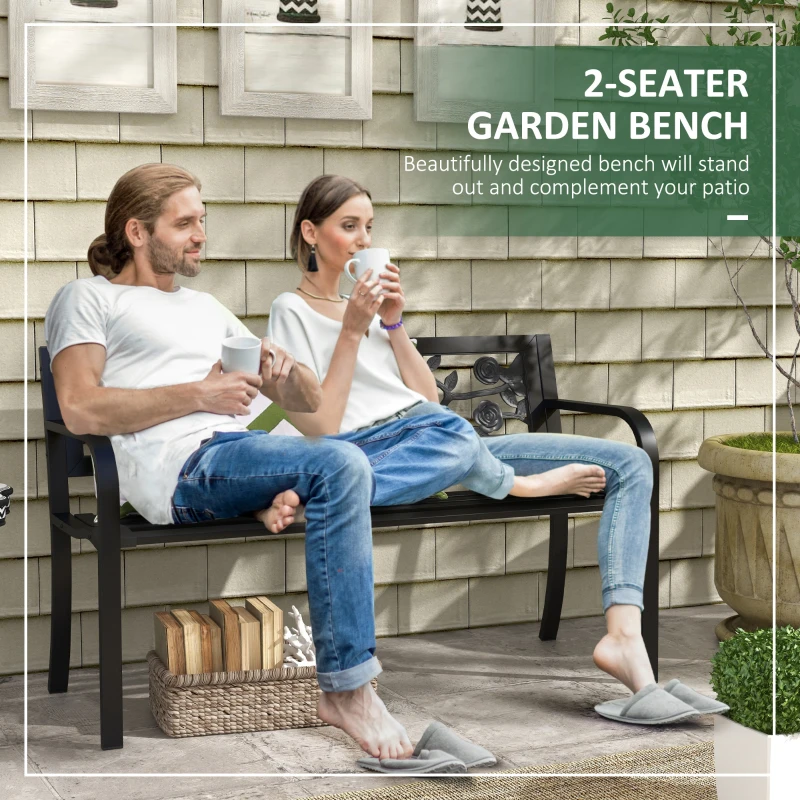 Outsunny 50" Outdoor Bench, Metal Frame Patio Loveseat with Floral Pattern Backrest, Cured Armrest, for Conservatory, Garden, Poolside, Deck, Black