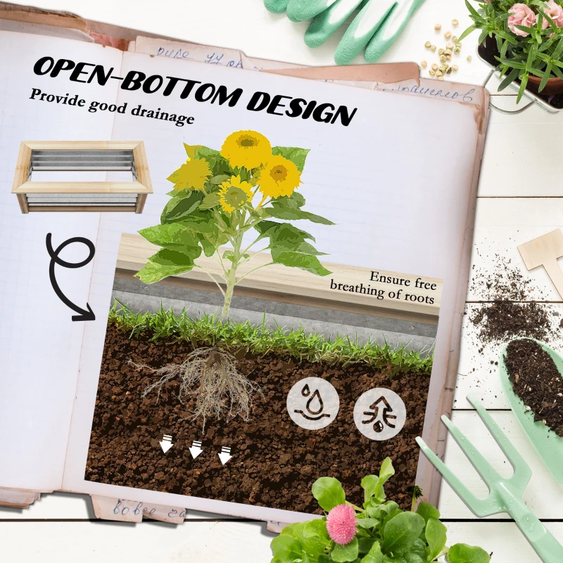Outsunny Raised Garden Bed, Planter Box, Metal and Wood Combined, for Growing Flowers, Herbs and Vegetables