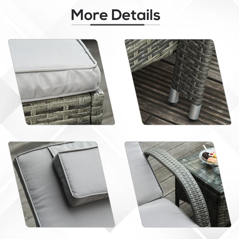 Outsunny Patio Rattan Lounge Set, Wheeled Wicker Chaise Lounge Chair and Table with Tempered Glass Top, Mixed Grey