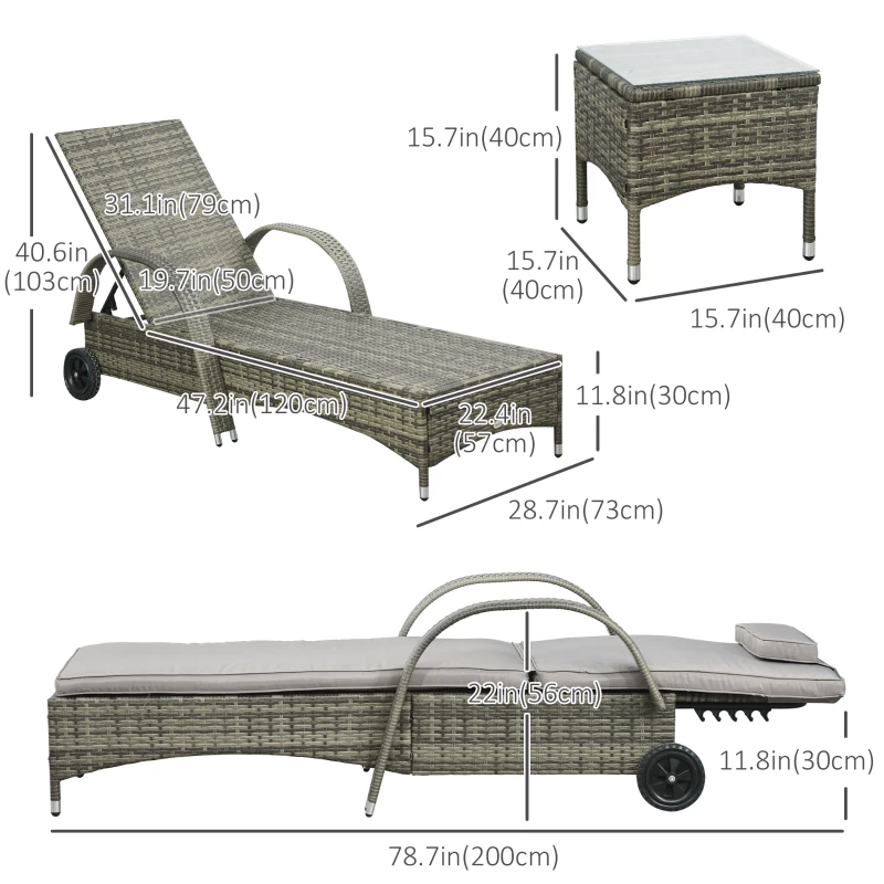 Outsunny Patio Rattan Lounge Set, Wheeled Wicker Chaise Lounge Chair and Table with Tempered Glass Top, Mixed Grey